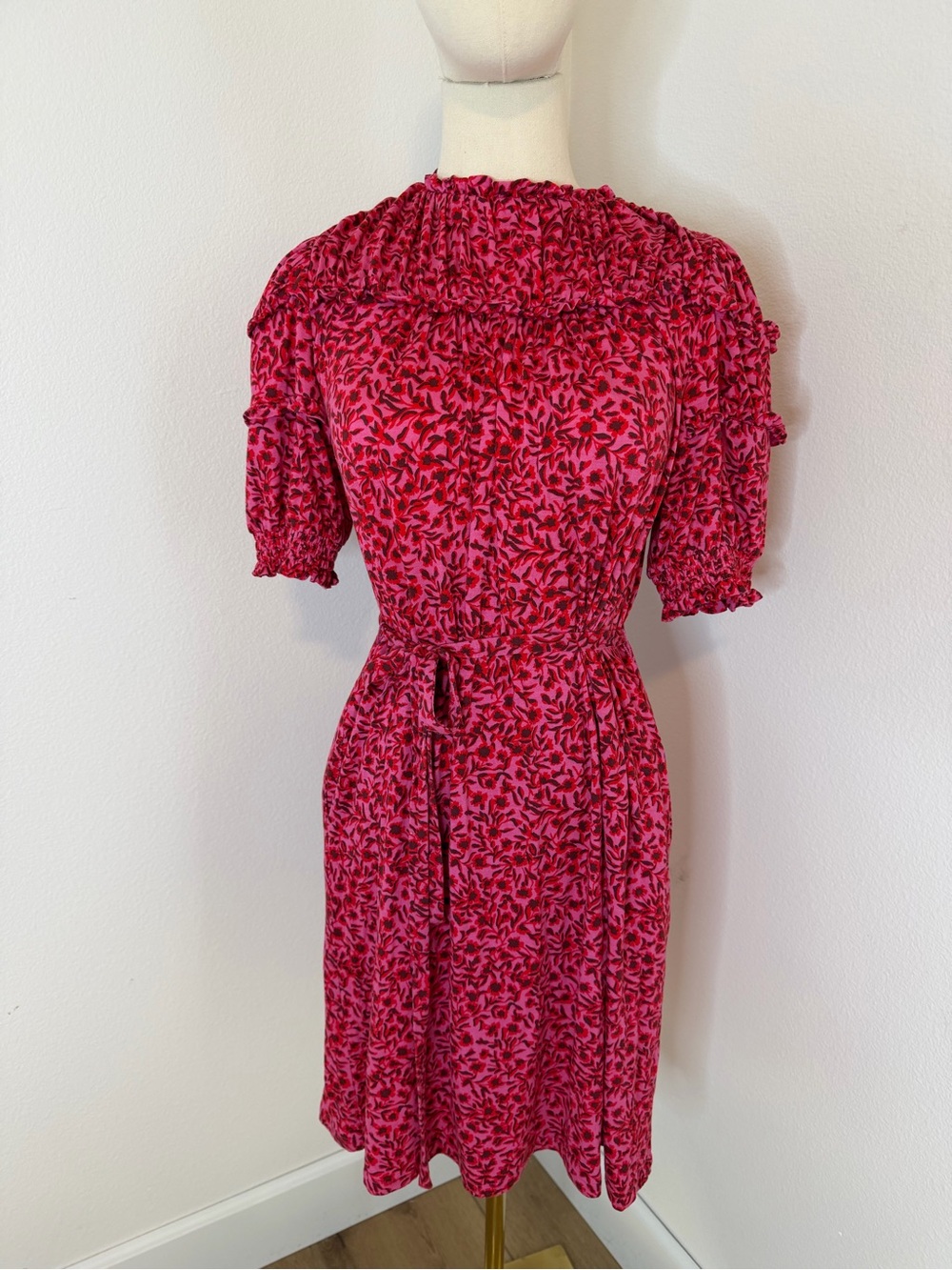 Boden Fuchsia Pink Floral Smocked Puff Sleeve Tie Waist‎ Dress - Size 4R